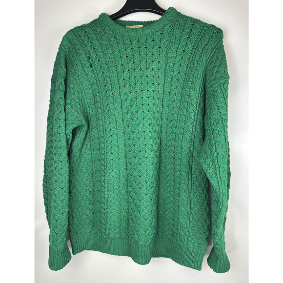 *Flawed Carraig Donn Pure New Wool Cable Knit Fisherman Sweater Green Mens Large - Picture 2 of 11